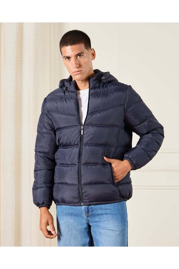 Men Navy Embellished Padded Jacket