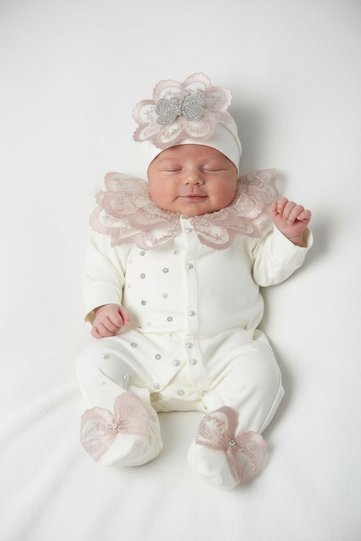 Powder Guipure and Pearl Detailed Baby Girl Romper Set, Religious Ceremony Outfit