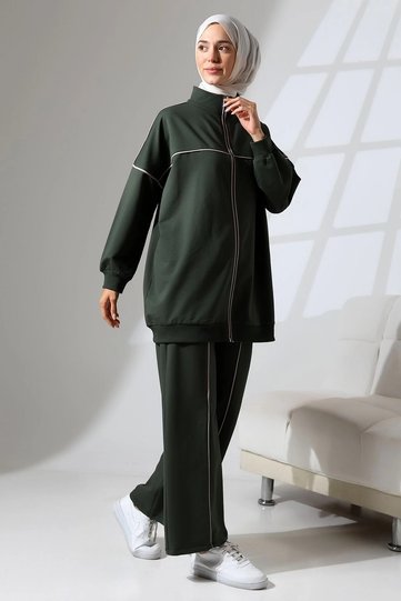 Women's Khaki Green Seasonal Combed Cotton Bottom Top Sports and Comfortable Hijab Suit
