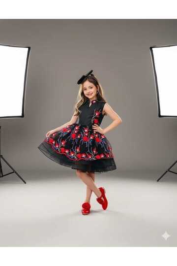 Buckled Lined Girls' Floral Embroidered Evening Dress ( One Size Larger Can Be Preferred )