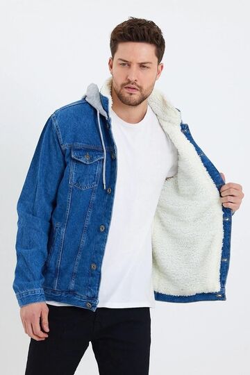 Fur Lined Hooded Denim Coat Blue