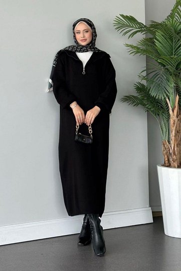 Women's Zippered Corded Fabric Collar Balloon Sleeve Midi Knitwear Dress