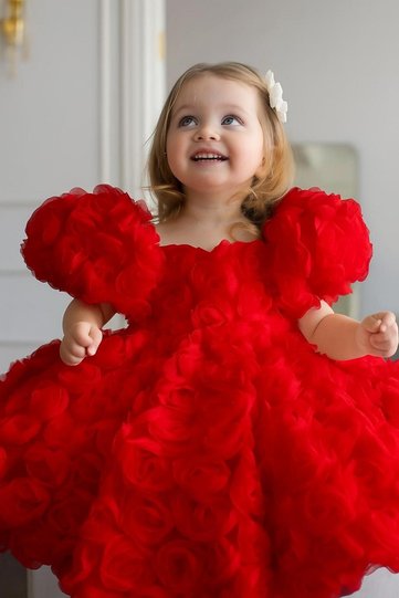 Red soft rose fabric girls' special occasion birthday dress