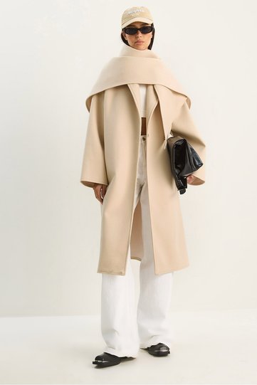 Women's Beige Lapel Collar Oversized Cashmere Coat with Scarf Accessory 0215 60283771
