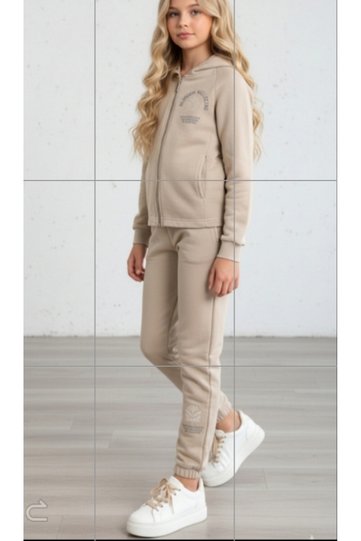 Girl's Washable Woven Fabric Zipper Closure Hooded Elastic Waist Pocket Sweatpants Set