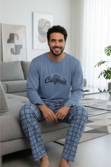 Men's Long Sleeve Blue Color Pajama Set with Writing on the Front