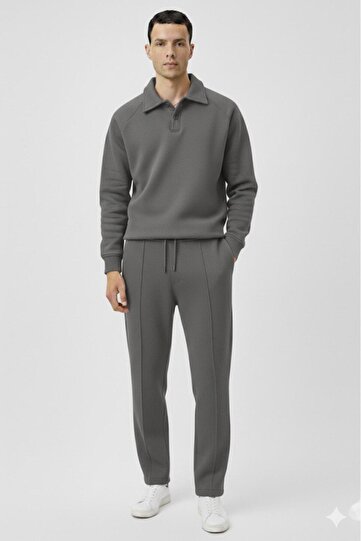 Men's Nardo Gray Raglan Sleeve Roberto Buttoned Sweat Wide Leg Green Tracksuit Bottom and Top Set