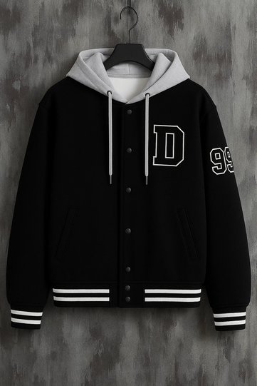 Men's Oversized Hooded Black Denim College Coat