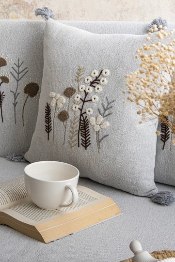 Peony Gray Embroidered Tasseled Bohemian 2-Piece Throw Pillow Cover 45X45Cm