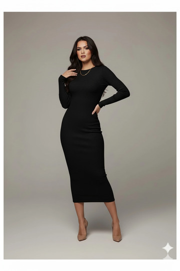 Women's Black Crew Neck Camisole Fabric Long Sleeve Pencil Dress Hijab Suitable Length cm135 cm