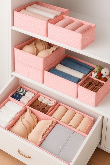 6-Piece Drawer Organizer Set - Multi-Purpose Cabinet Interior Box Set - Pink Polka Dot