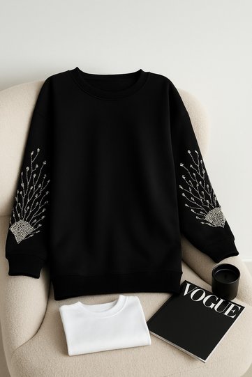 Black Sleeves, Bead and Stone Embroidered 100% Cotton Sweatshirt