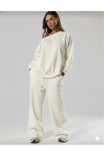 NEW SEASON Women's Oversized Off-The-Shoulder Two-Thread Fabric Top-and-Bottom Tracksuit Set (Without Fleece) 0052