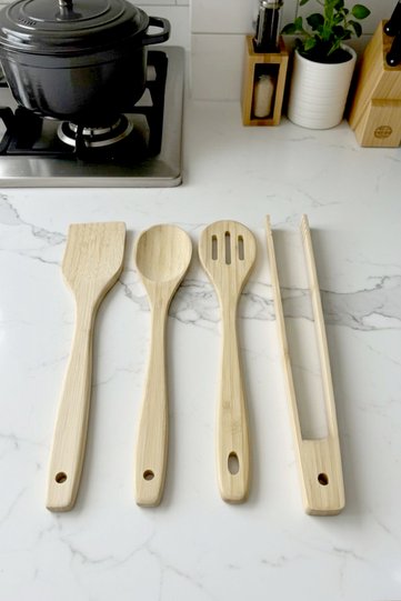 4 Piece Bamboo Serving Utensil Set - Colander Serving Spoon Spatula Tongs Set
