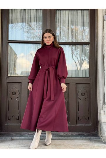 Winter Long Sleeve Dress for Women High Collar Dress with Belt Bordeaux Red Dress Turkish Production