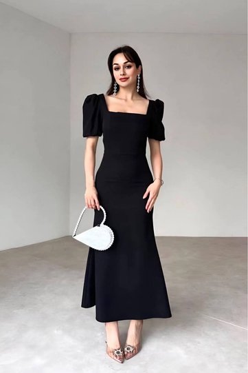 Balloon Sleeve Midi Length Atlas Fabric Slit Dress Wedding Engagement Promise Graduation