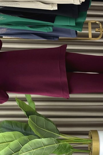 Sevi̇m Takim Crystal Fabric Women's Burgundy Color Shoulder Patching Stone Patterned Pants Hijab Two-Piece Set