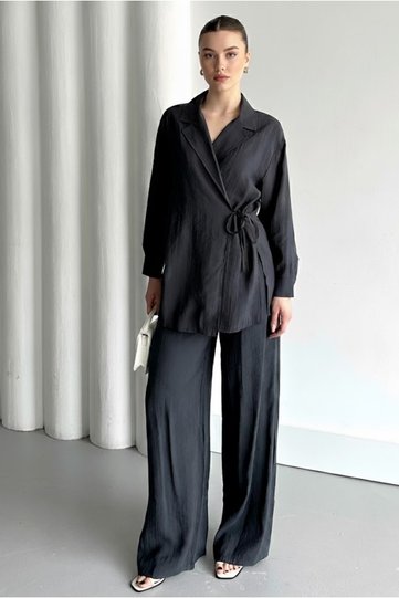 Anthracite Collar Detailed Tied Kimono Set - 8459