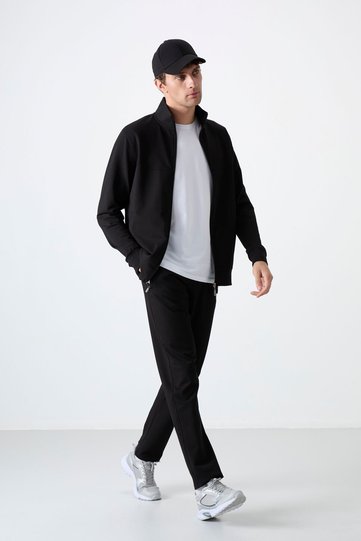 Black Stand Collar Zippered Comfortable Form Classic Leg Men's Tracksuit Set - 85072