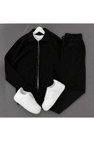 Black Stretch Fabric Ottoman Shirt + Trousers Set of 2