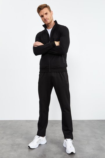 Black Stand Collar Zipper Standard Mold Classic Leg Men's Tracksuit Set - 85152