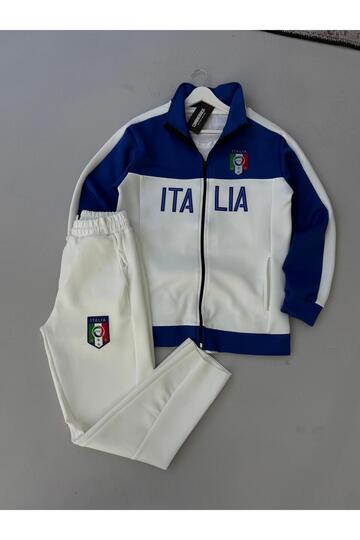 Navy Blue Italy Jacket and White Sweatpants 2-Piece Set