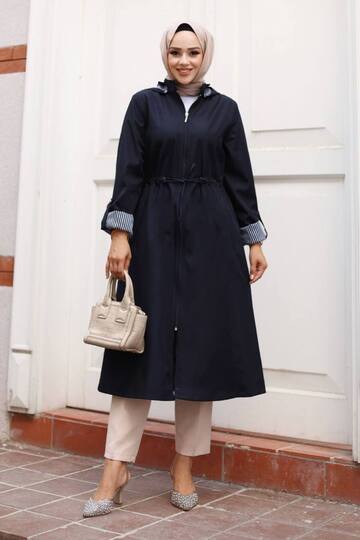 Women's Navy Blue Raincoat Trench Coat Transitional Adjustable Waist Hooded Hijab – Sports & Casual Cap