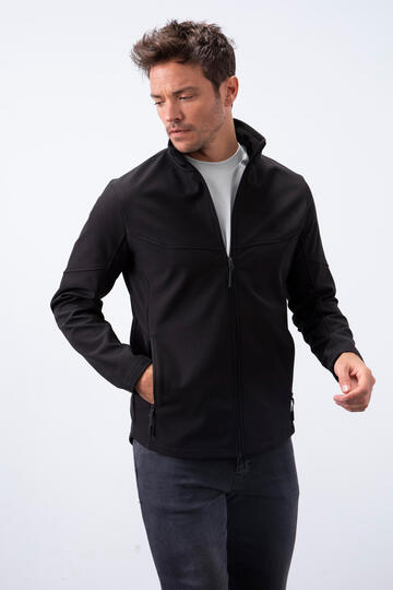 Black Zippered Stand Collar Water and Windproof Softshell Men's Jacket - 88050