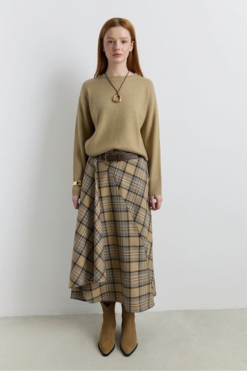 Milky Brown Plaid Midi Skirt