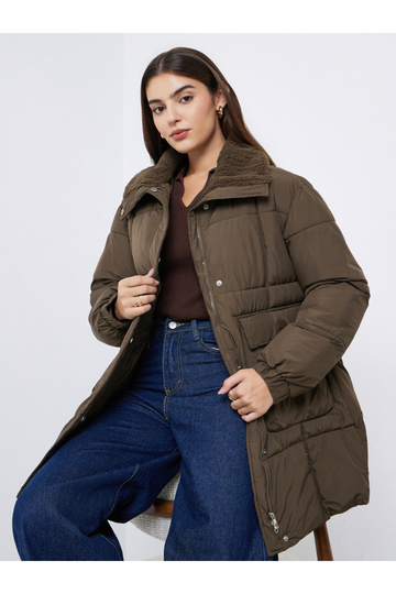 Brown Longline Padded Coat with Faux Fur Lining