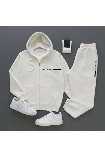 White New Season Balance Written 3 Thread Cardigan-Sweatpants 2-Piece Set