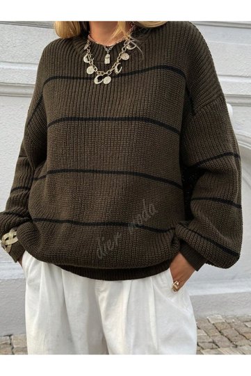 Women's Thin Striped Crew Neck over Size Knitwear Sweater, Knitwear Sweater Fmoda1200