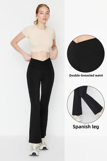 Black Double-Breasted Waist Detail Flared Yoga Knitted Sports Leggings THMAW23TY00005