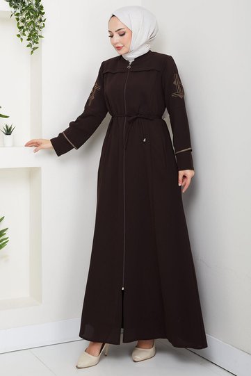 عباية بأكمام مطرزة ورباط، باللون البني - HM2854