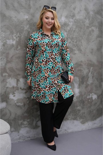 Green Leopard Print Summer Plus Size Viscose Tunic