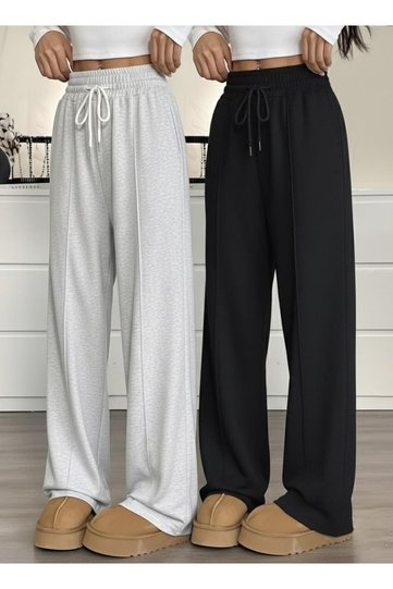 2 Pieces Wide-Leg Black Gray Women's Sweatpants