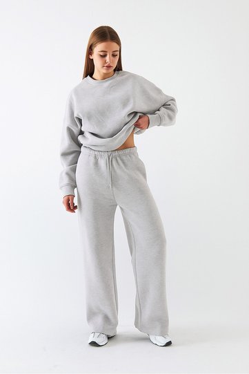 Unisex Oversized Tracksuit Set Basic Gray Melange – Crew Neck, Wide Legs, 3 Thread Fleece-Lined Fleece
