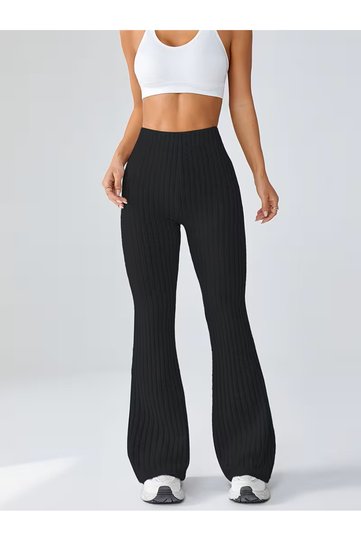 Black Corded Fabric High Waist Flared Women's Trousers, Stretchy Knitted Fabric Flared Trousers