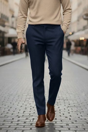 Slim Fit Side Pocket 80% Wool Navy Blue Classic Winter Fabric Trousers