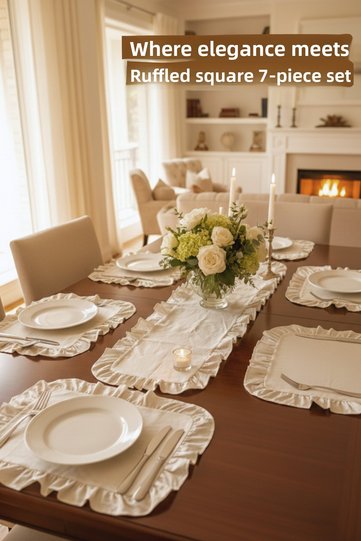 Ruffled Linen Table Runner & 6-Piece Ruffled Square Placemat Set - 7-Piece Dowry Set