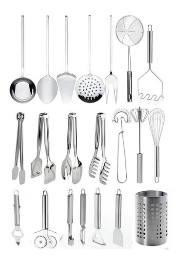 21 Piece Stainless Steel Serving and Cooking Set – Spoon Holder, Tongs, Ladle, Colander, Whisk Set