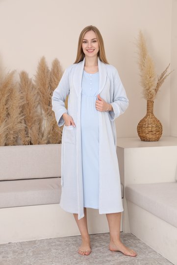 Mama Cotton Striped Nursing Nightgown Set with Robe, Long Sleeve Maternity and Postpartum Nightdress Set with Robe