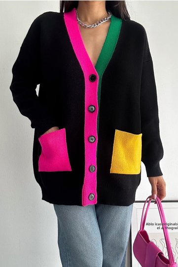 Women's New Season Standard Size Colorful Pocket Detailed Buttoned Oversize Knitwear Cardigan