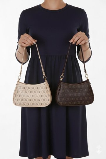 Women's Brown Elegant Design Patterned Faux Leather Baguette Women's Hand and Shoulder Bag 2 Pieces