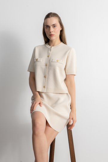 Gold Button Knit Skirt Blouse Set