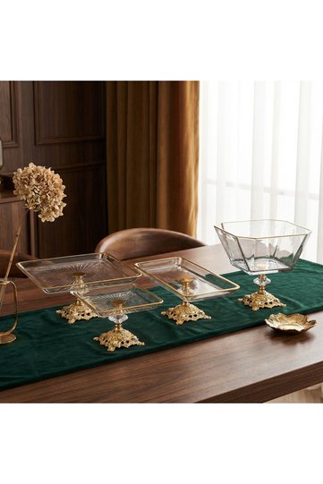 Gold Detail 4-Piece Glass Serving Set with Metal Stand