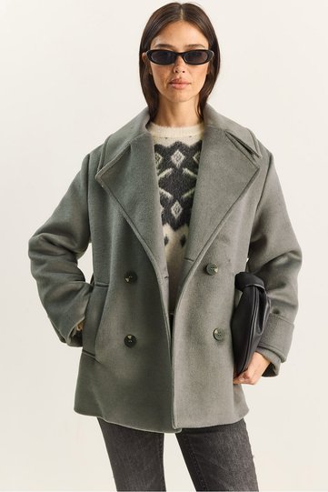 Women's Dark Gray Double-Breasted Collar Lined Short Oversize Cashmere Coat 3508 60283850