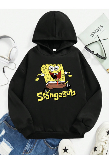 Spongebob Printed 100% Cotton Kangaroo Pocket Hooded Children's Sweatshirt