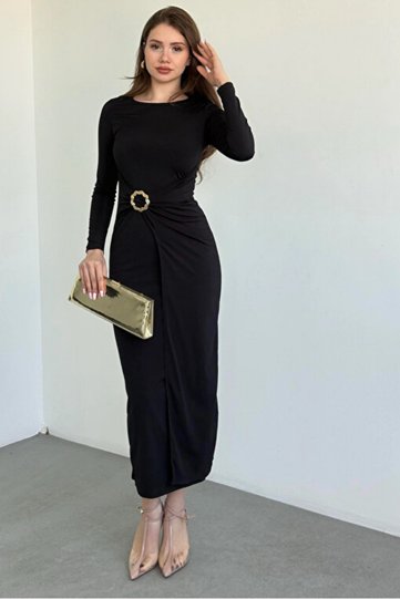 Draped Slits Sandy Dress with Waist Accessory Espp-58