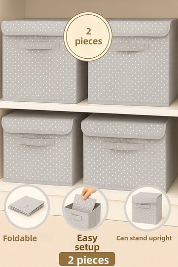 2Pcs-Covered Patterned Closet Laundry Toy Organizer Folding Storage Box with Lid 30X30X30